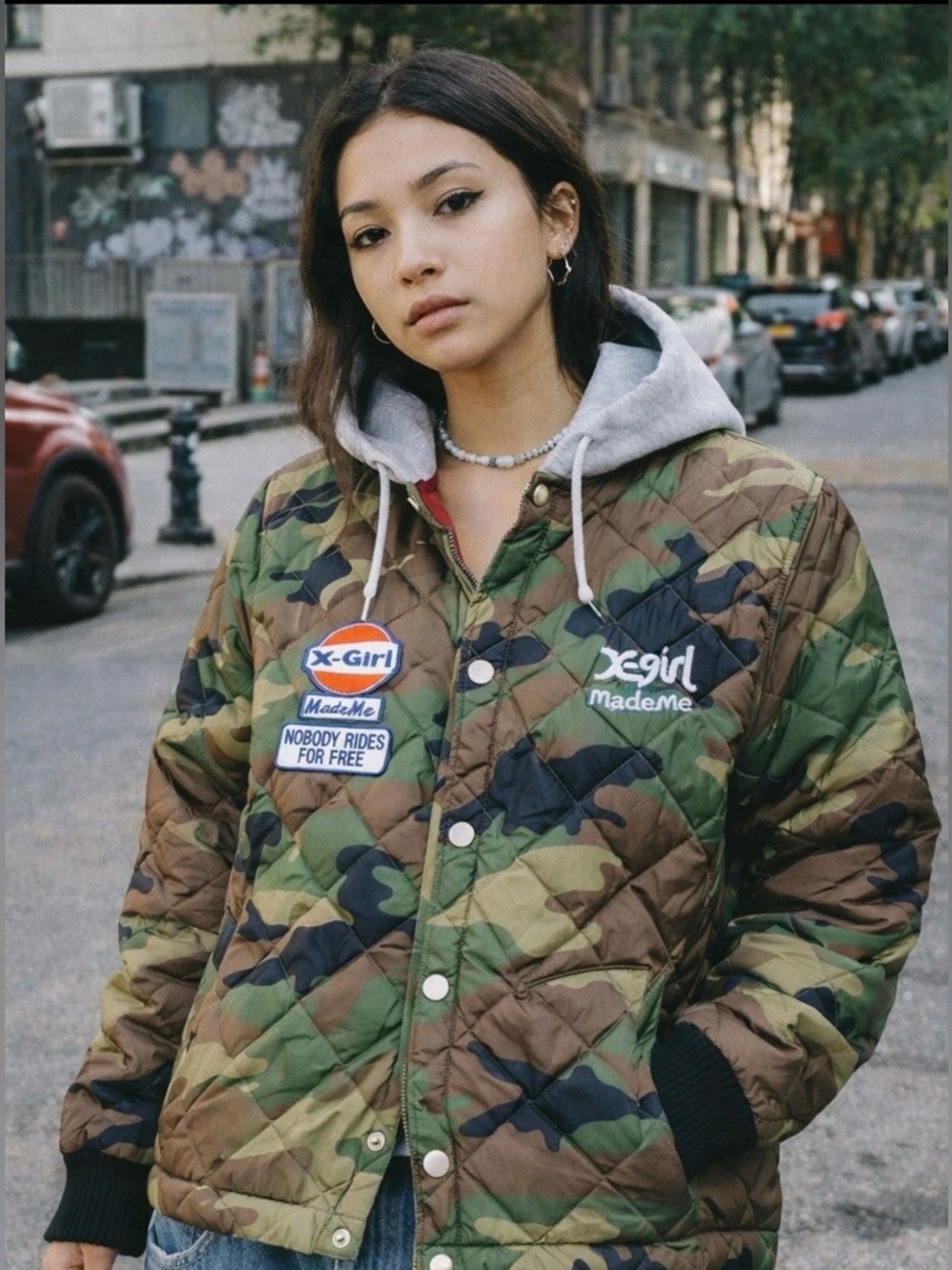 X-girl Camouflage Quilted Bomber Jacket in Green/Brown